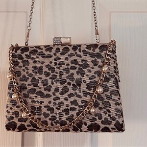 Leopard Print Evening Clutch with Pearl Chain - Neutral